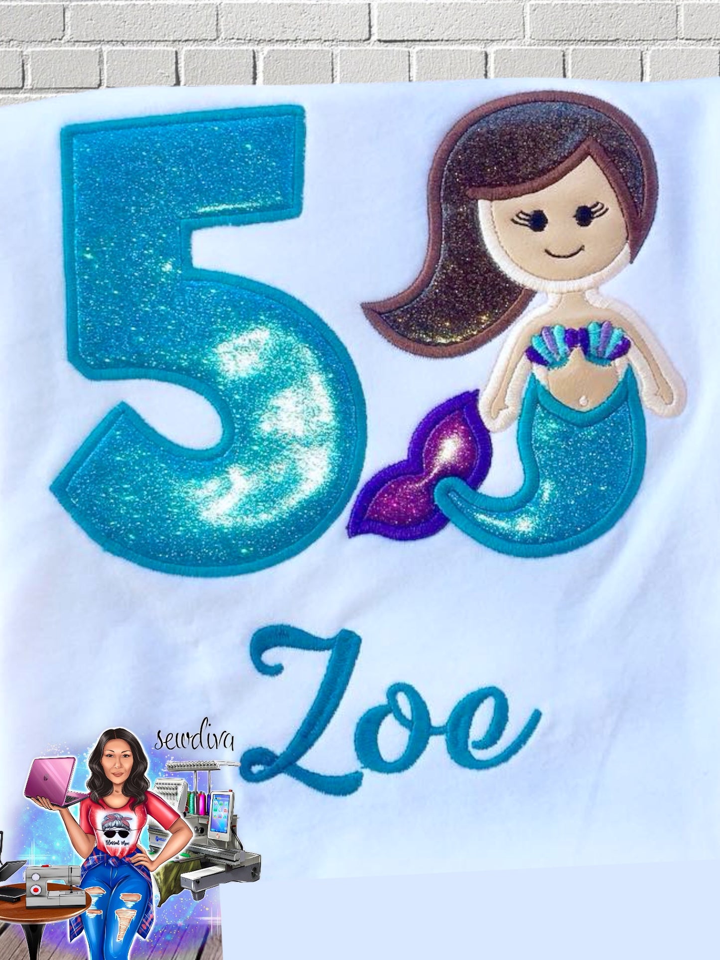 Mermaid Girl, Cute mermaid Custom Character and Name Embroidered Birthday Shirt