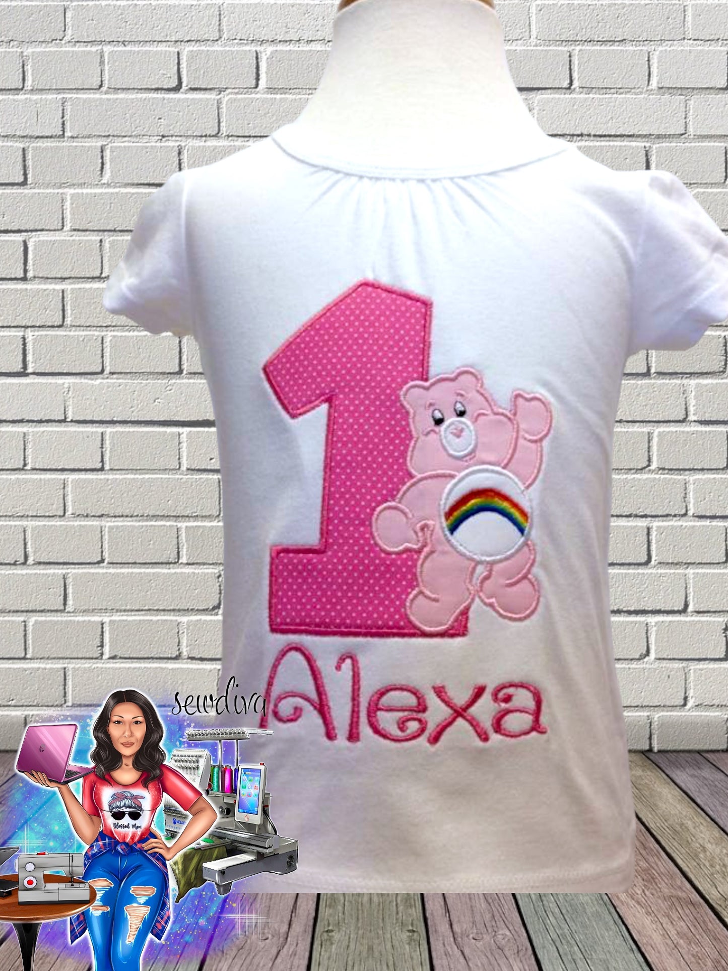 Pink Caring Bear w/ Rainbow Custom Character and Name Embroidered Birthday Shirt