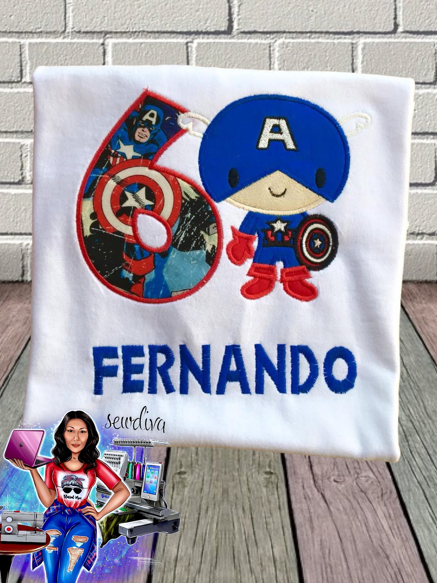 Hero Captain, Shield, Custom Character and Name Embroidered Birthday Shirt