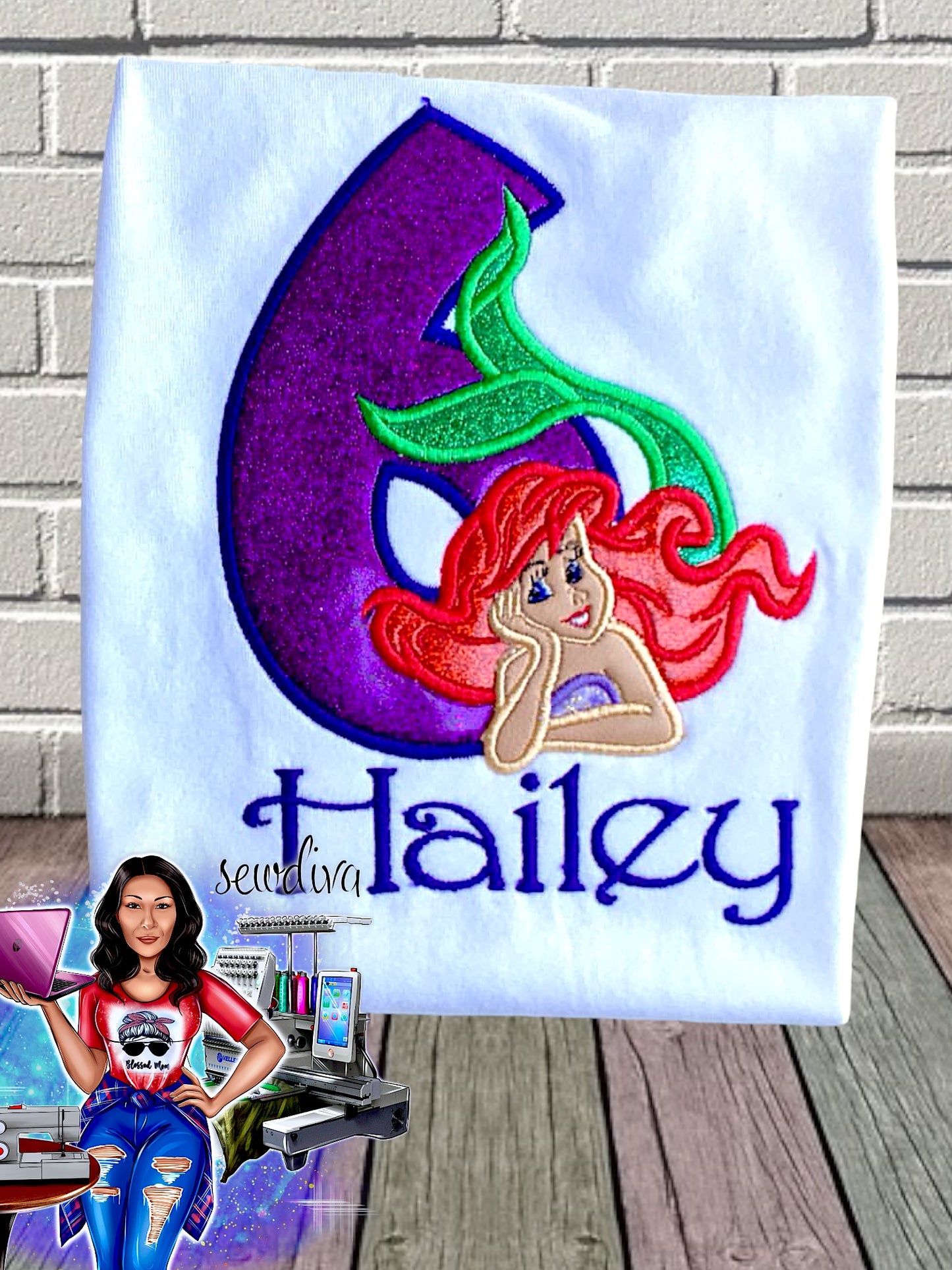 Mermaid Princess, Full, Custom Character and Name Embroidered Birthday Shirt