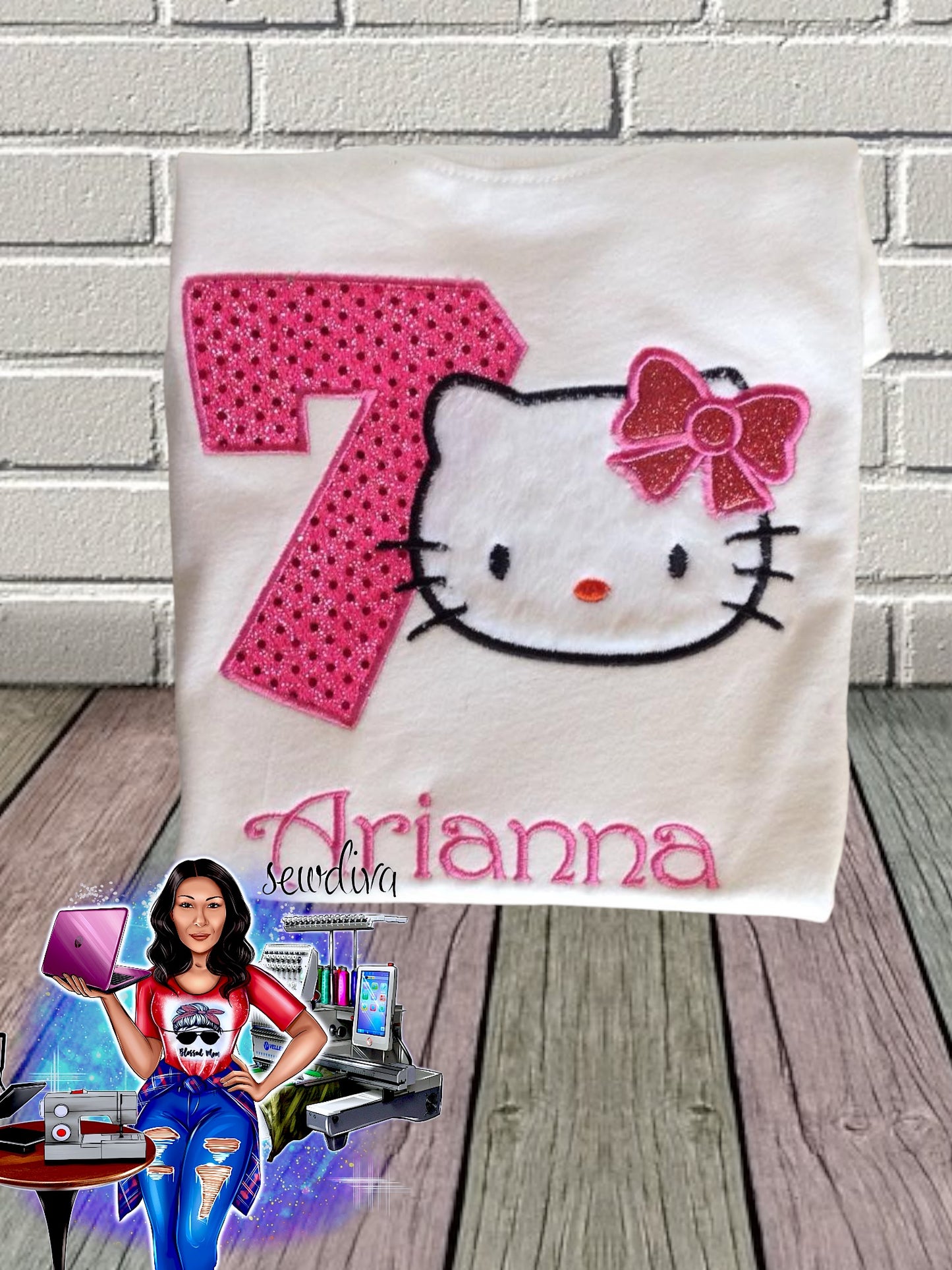 Hi Kitty, Cute Kitty, Custom Character and Name Embroidered Birthday Shirt