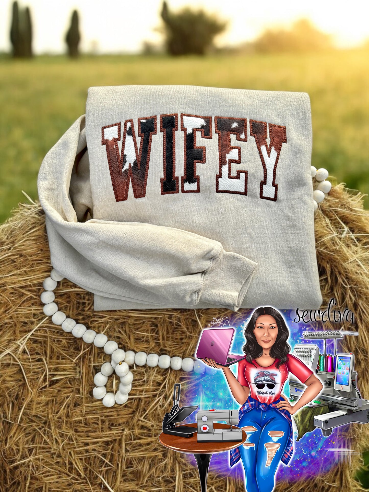 Cow Print Wifey Crewneck Sweater