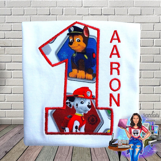 Hero Pups, Custom Number and name Embroidered Birthday Shirt, Police Pup, Firefighter Pup