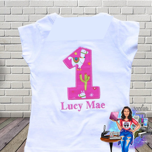 Fiesta Llama, Party Llama, Cactus Custom Number and Name Embroidered Birthday Shirt
