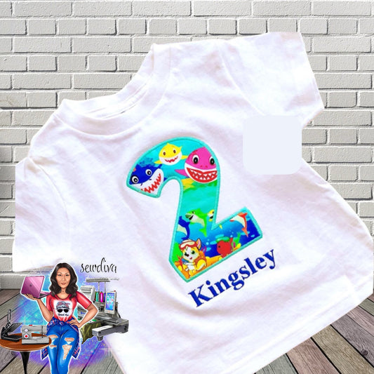 Colorful Shark, Yellow Shark, Little Shark, Custom Number and Name Embroidered Birthday Shirt