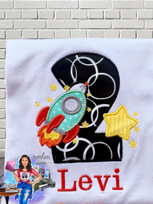 Spaceship, Rocket Ship Custom Character and Name Embroidered Birthday Shirt