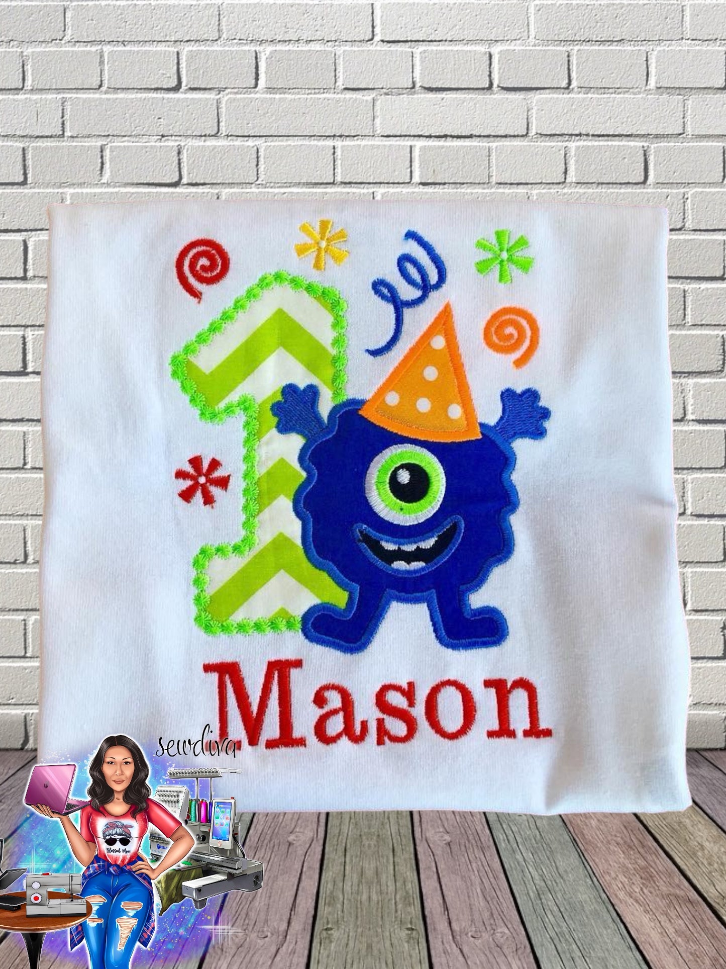 Little Birthday Monster Custom Character and Name Embroidered Birthday Shirt