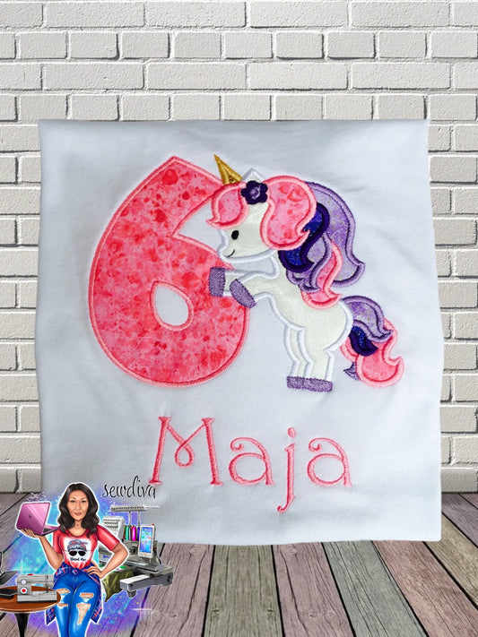 Colorful Unicorn Custom Character and Name Embroidered Birthday Shirt