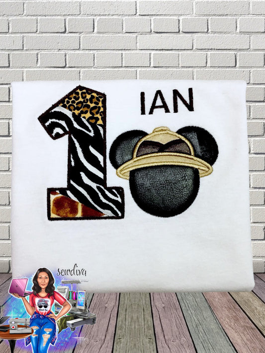 Safari Mouse, Custom Character and Name Embroidered Birthday Shirt