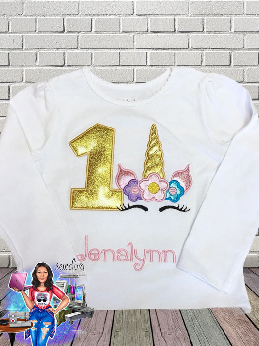 Unicorn Face Custom Character and Name Embroidered Birthday Shirt