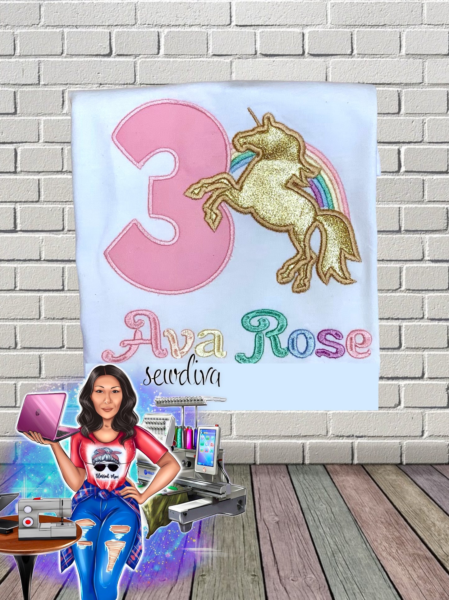 Gold Unicorn w/ Rainbow Custom Character and Name Embroidered Birthday Shirt