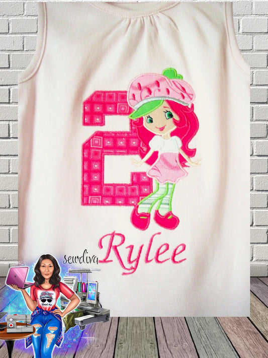 Strawberry girl, Custom Character and Name Embroidered Birthday Shirt