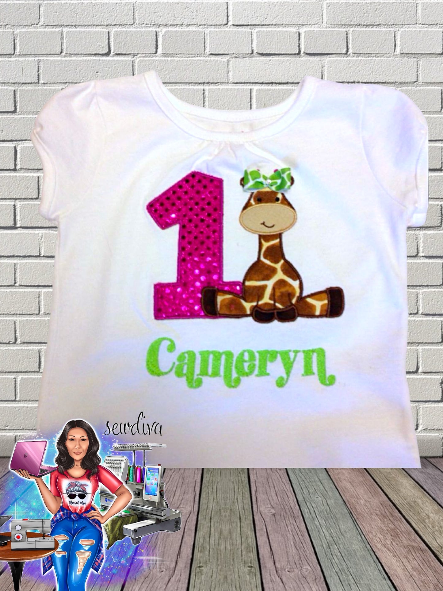 Cute Giraffe, Custom Character and Name Embroidered Birthday Shirt