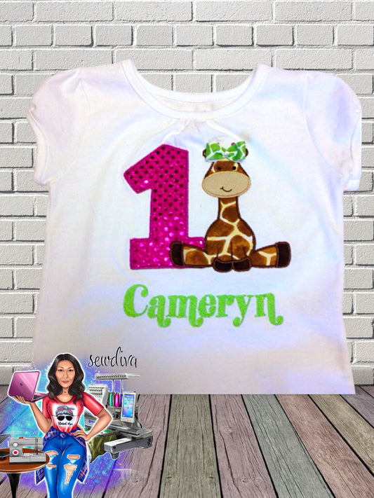 Cute Giraffe, Custom Character and Name Embroidered Birthday Shirt