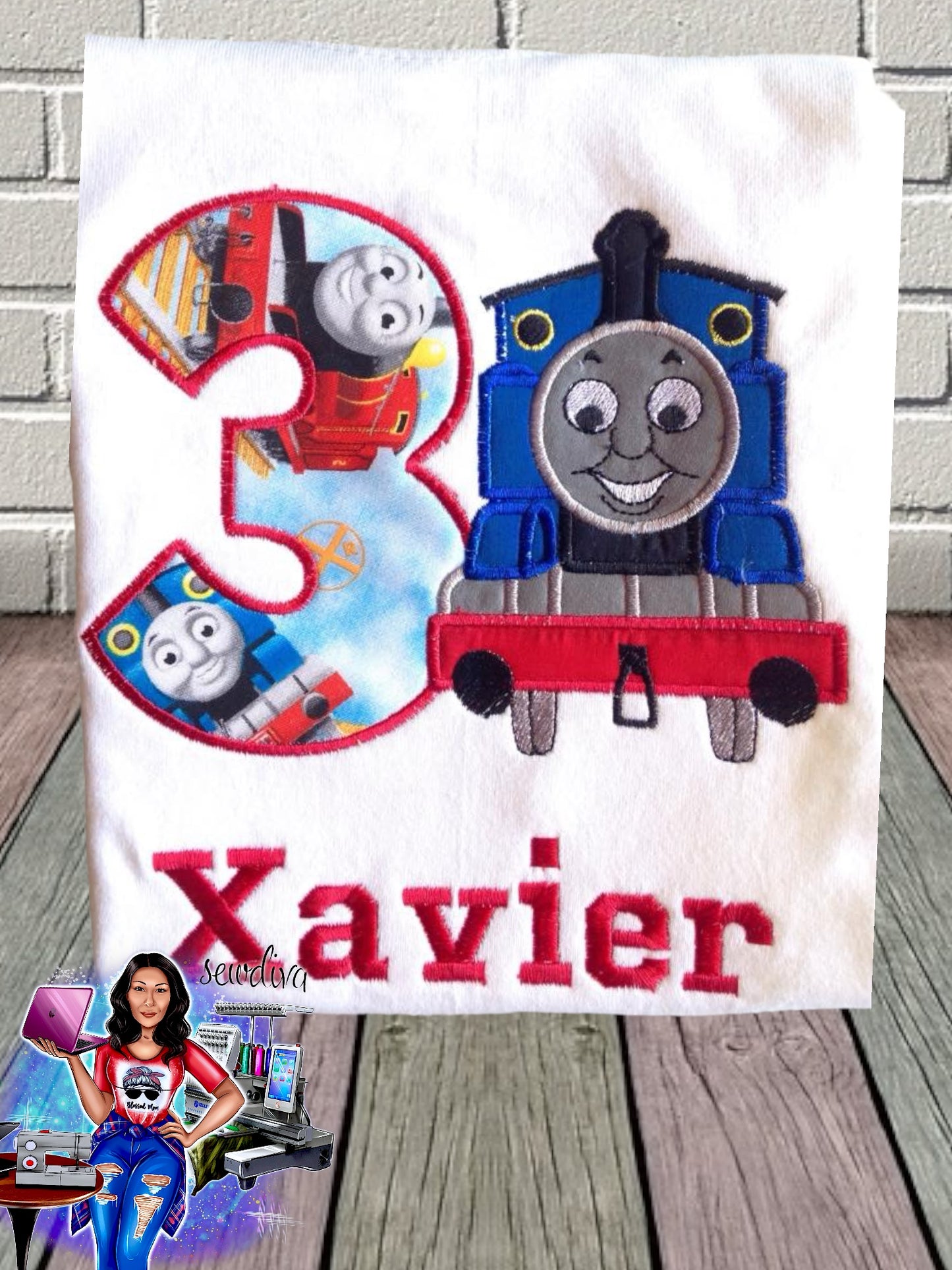 Blue Train, Custom Character and Name Embroidered Birthday Shirt