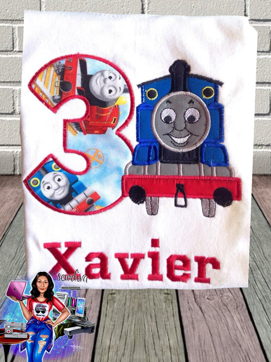 Blue Train, Custom Character and Name Embroidered Birthday Shirt
