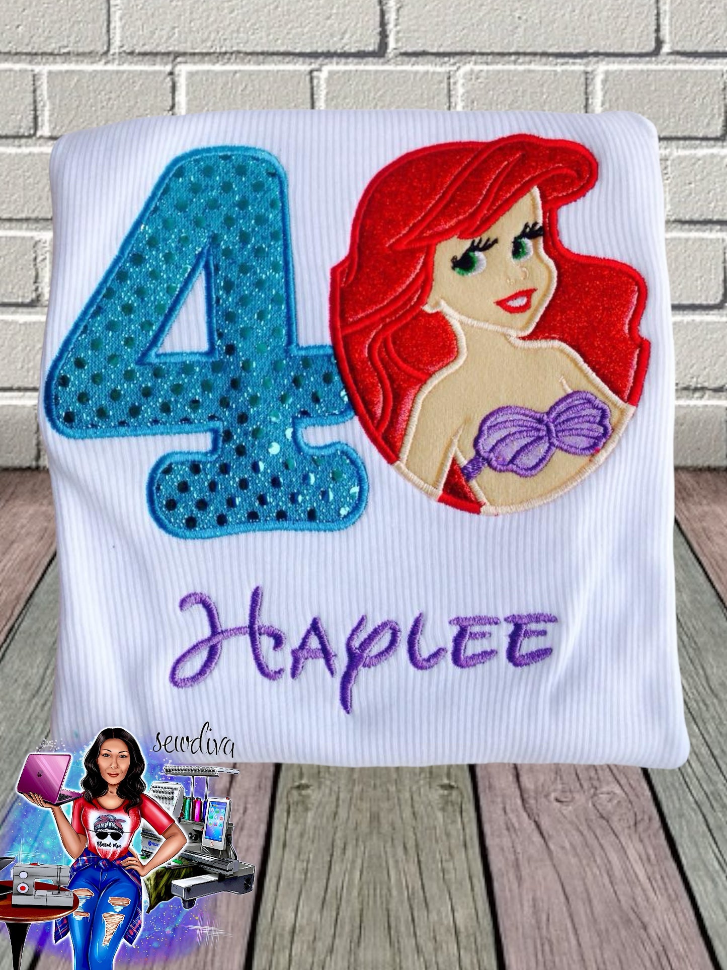 Mermaid princess, partial, Custom Character and Name Embroidered Birthday Shirt