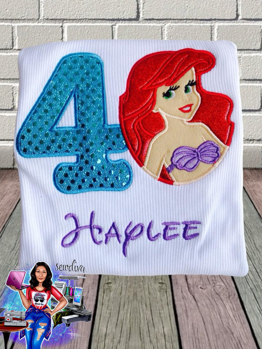 Mermaid princess, partial, Custom Character and Name Embroidered Birthday Shirt
