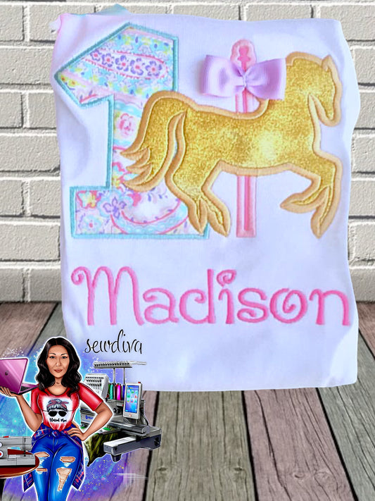 Carousel Horse, Custom Character and Name Embroidered Birthday Shirt
