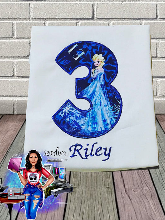 Ice Queen, Ice Princess, Custom Number and Name Embroidered Birthday Shirt