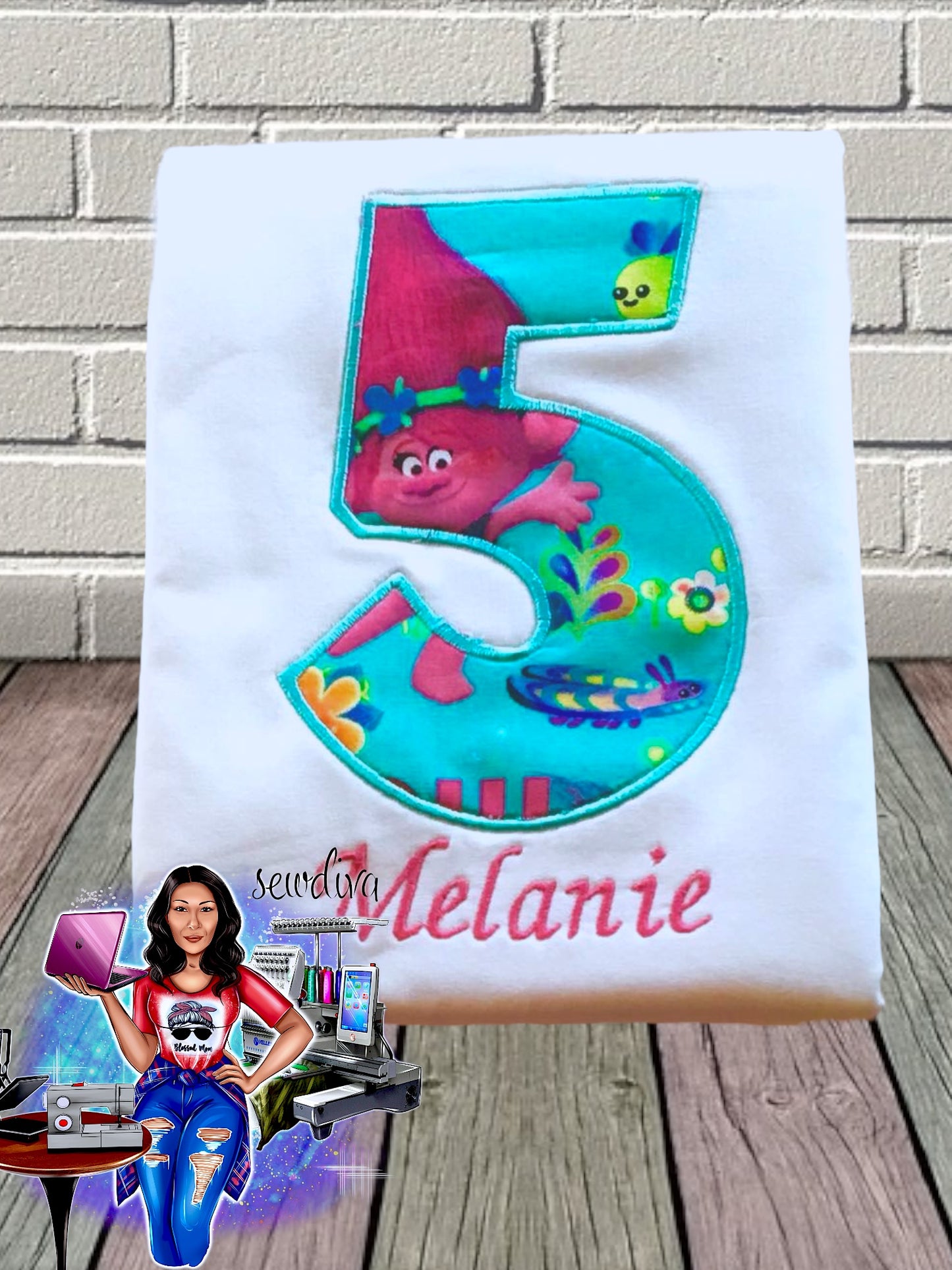 Queen Troll, Pink Troll, Birthday shirt, Custom Number and Name Embroidered Birthday Shirt
