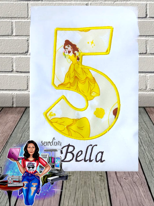 Yellow Princess Birthday shirt, Custom Number and Name Embroidered Birthday Shirt