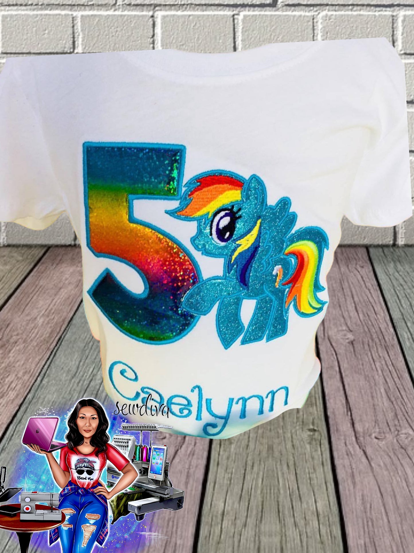 Rainbow Pony Custom Character and Name Embroidered Birthday Shirt