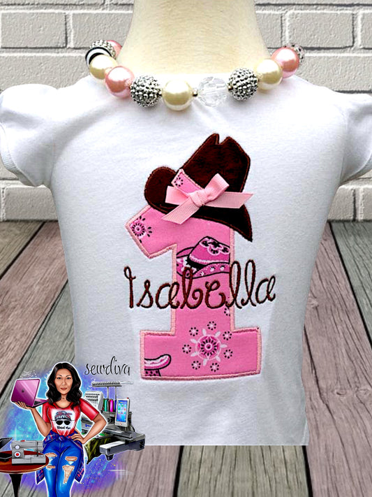 Paisley Cowgirl, Cowgirl Hat, Birthday shirt, Custom Number and Name Embroidered Birthday Shirt