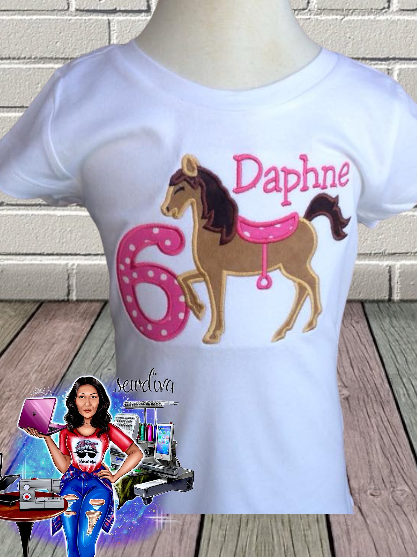 Cute Horse Custom Character and Name Embroidered Birthday Shirt